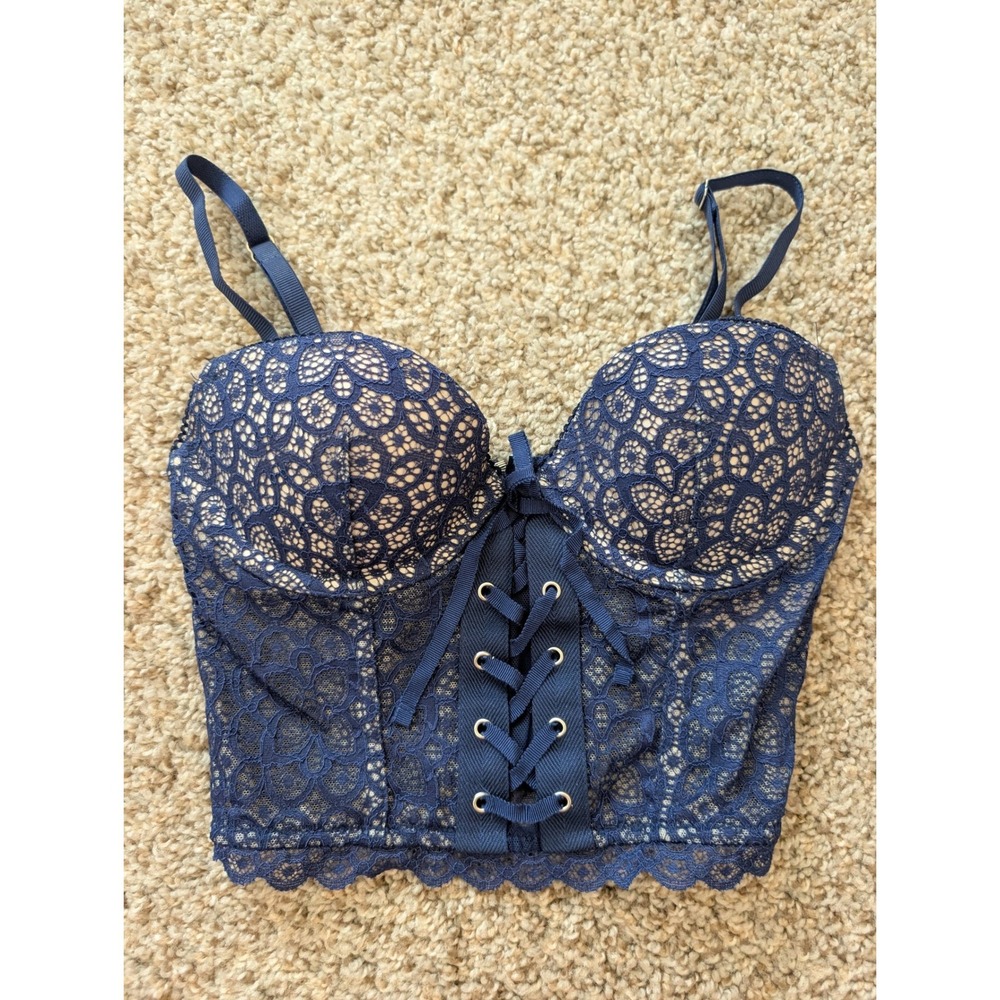 Victoria's Secret Navy Blue Floral Lace Padded Demi Bustier Corset Top 32B